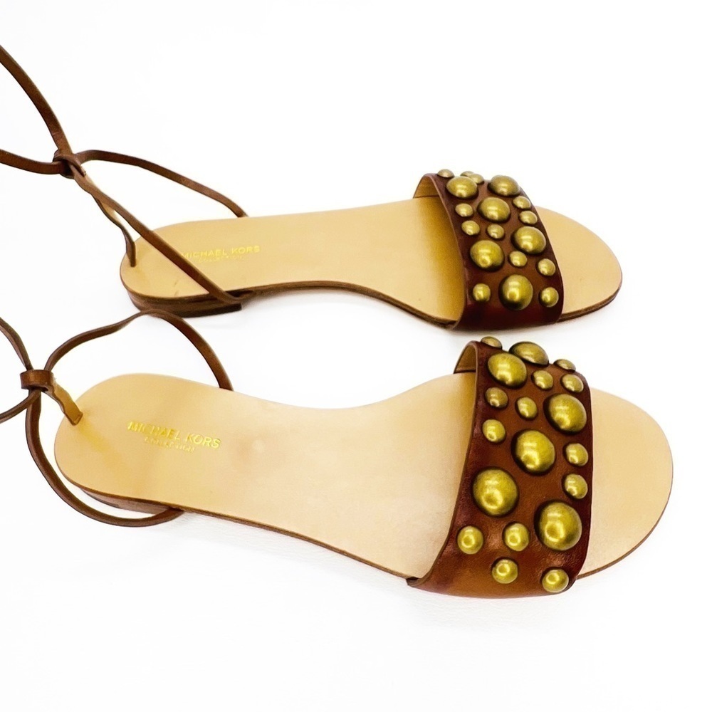 New Michael Kors Collection Mica Studded  Strappy Sandals Brown Leather Size 6.5 - Picture 6 of 13